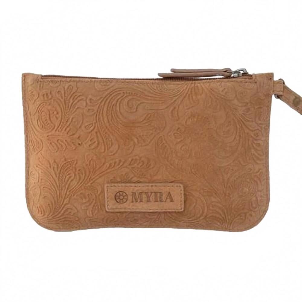 NEW MYRA women's heritage scroll clutch in brown